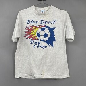 Vintage Adidas Blue Devil Day Camp Soccer T-Shirt Mens Small USA Rare Thrashed